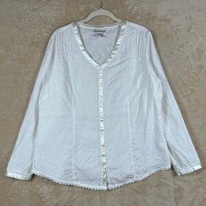 Soft Surroundings‎ White Linen Blouse Lace Trim V Neck Button Down Long Sleeve